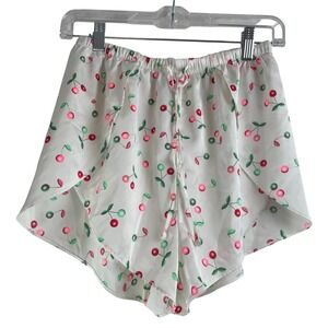 Colsie Womens XS White Cherry Print Satin Pajama Shorts Elastic Waist Petal Hem